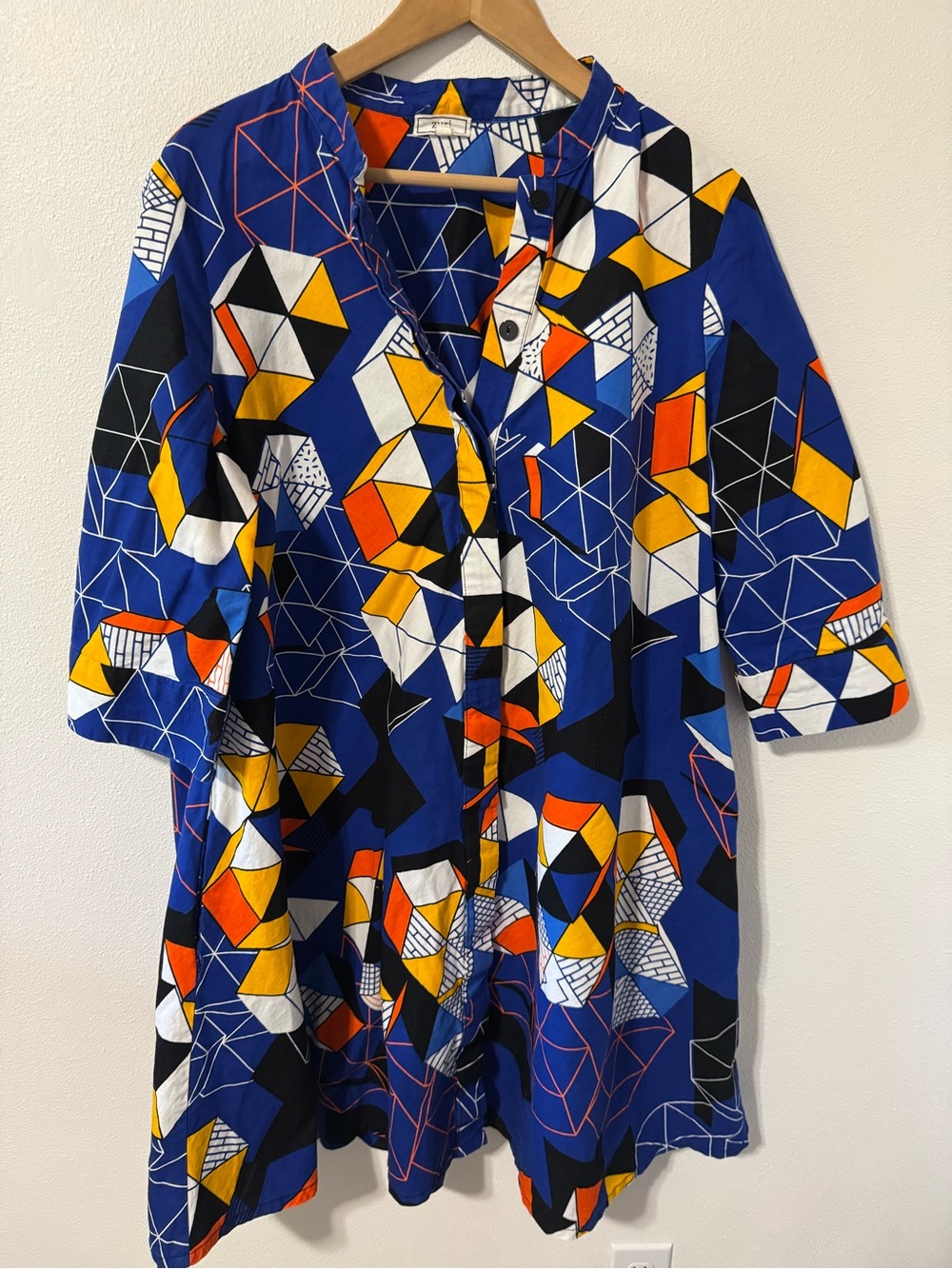Zuri Trivial Pursuit Midi Dress Blue Geometric Long Sleeve Cotton Relaxed Fit-L